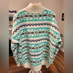 American Eagle Outfitters‎ Floral Pattern Sweater - Teal and Cream Nordic XS